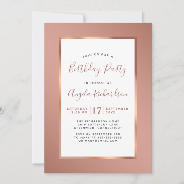 Rose Gold Foil Frame Elegant Birthday Party Invitation (Front)