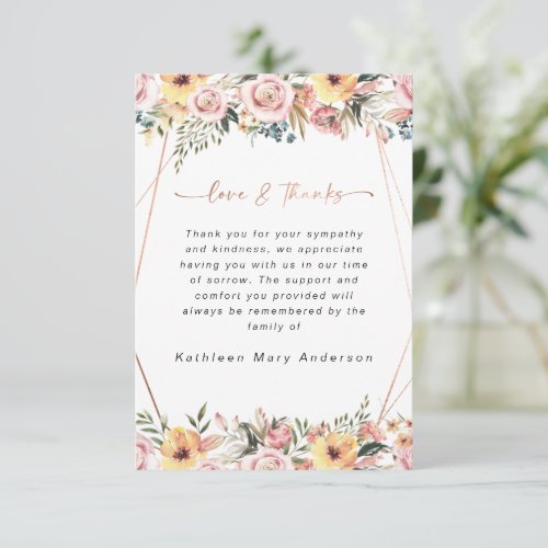 Rose Gold Foil Geometric Floral Funeral  Thank You Card