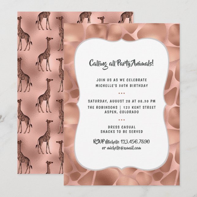 Rose Gold Foil Giraffe Any Age Birthday Invitation (Front/Back)
