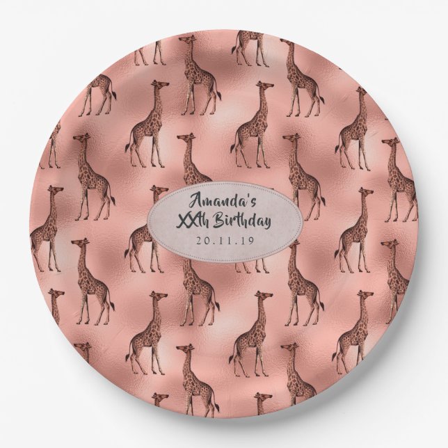 Rose Gold Foil Giraffe Pattern Paper Plates (Front)