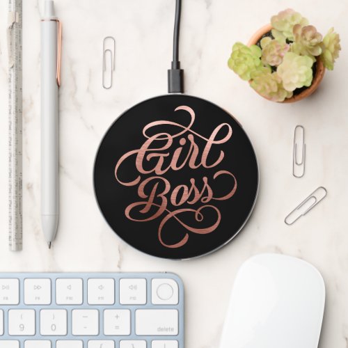 Rose Gold Foil Girl Boss Typography Black Wireless Charger