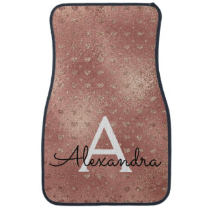 Rose Gold Foil Glam Hearts Monogram Car Mat