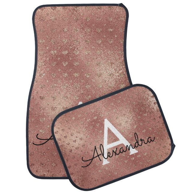 Rose Gold Foil Glam Hearts Monogram Car Mat (Set)