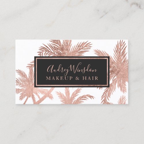 Rose gold foil glam palm tree Makeup Hair script Business Card