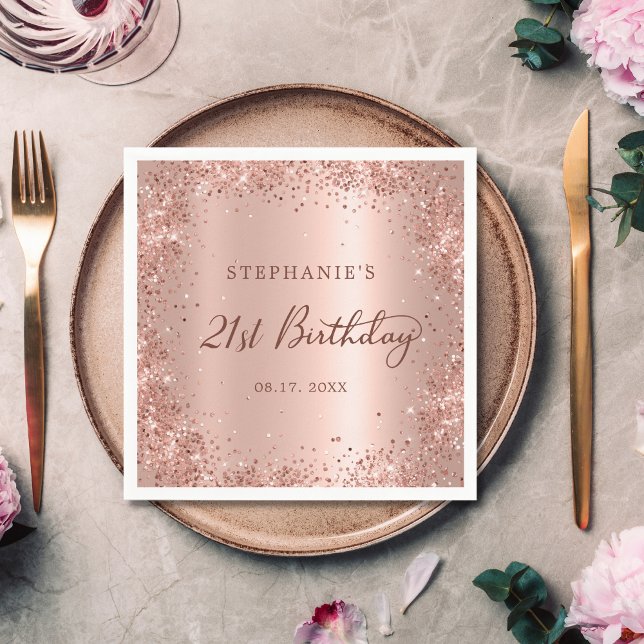Rose Gold Foil Glitter 21st Birthday Monogram Napkins (Creator Uploaded)
