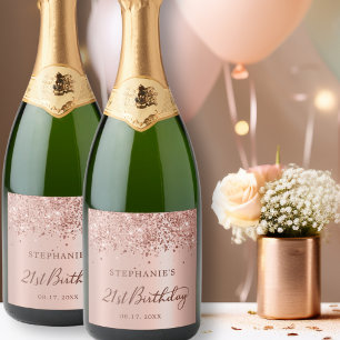 Rose Gold Foil Glitter 21st Birthday Monogram Sparkling Wine Label