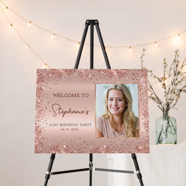 Rose Gold Foil Glitter 21st Birthday Photo Welcome Foam Board (In Situ (Stand))