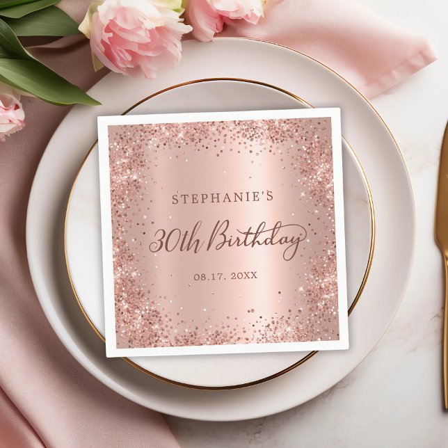 Rose Gold Foil Glitter 30th Birthday Monogram Napkins (Creator Uploaded)