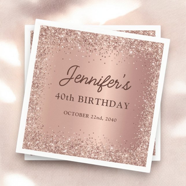 Rose Gold Foil Glitter 40th Birthday Name Napkins (Creator Uploaded)