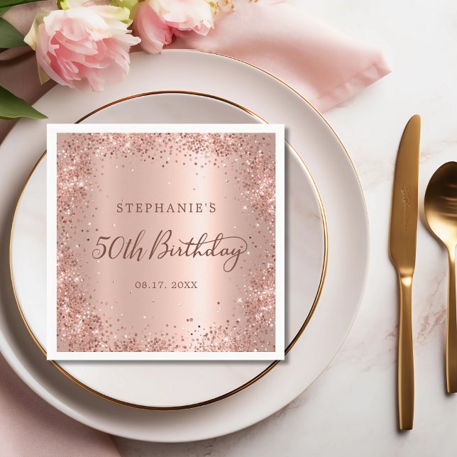 Rose Gold Foil Glitter 50th Birthday Monogram Napkins (Creator Uploaded)