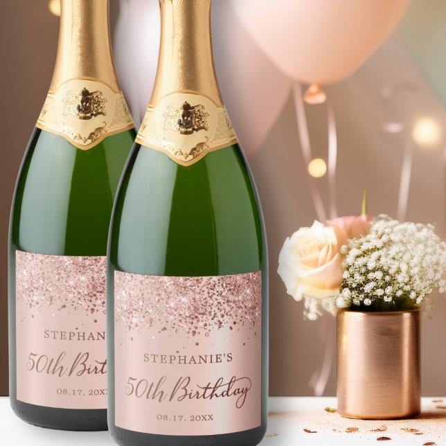 Rose Gold Foil Glitter 50th Birthday Monogram Sparkling Wine Label (Creator Uploaded)