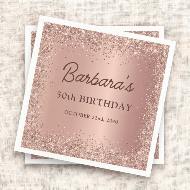Rose Gold Foil Glitter 50th Birthday Name Napkins (Creator Uploaded)