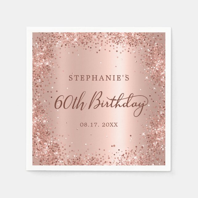 Rose Gold Foil Glitter 60th Birthday Monogram Napkins (Front)