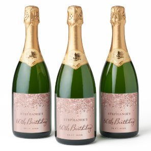 Rose Gold Foil Glitter 60th Birthday Monogram Sparkling Wine Label