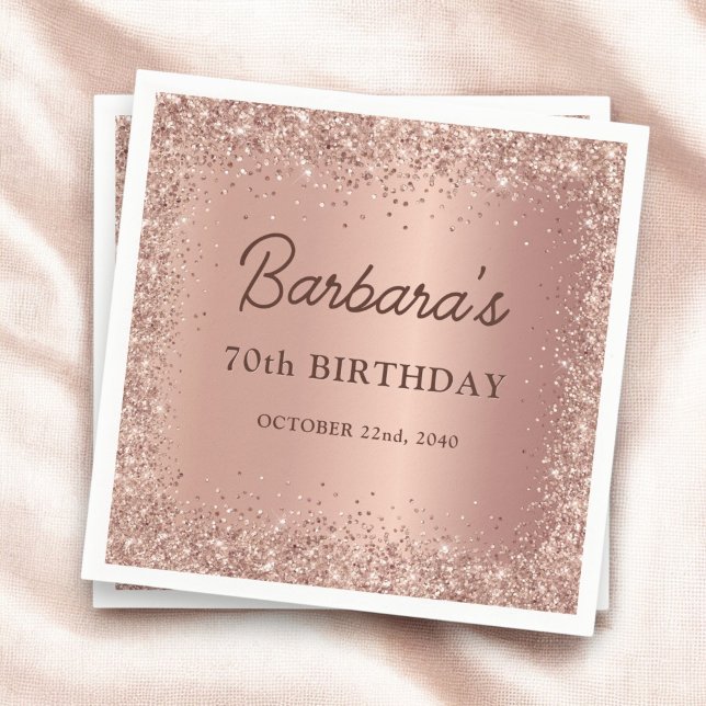 Rose Gold Foil Glitter 70th Birthday Name Napkins (Creator Uploaded)