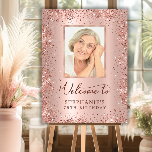 Rose Gold Foil Glitter 75th Birthday Photo Welcome Foam Board (Creator Uploaded)