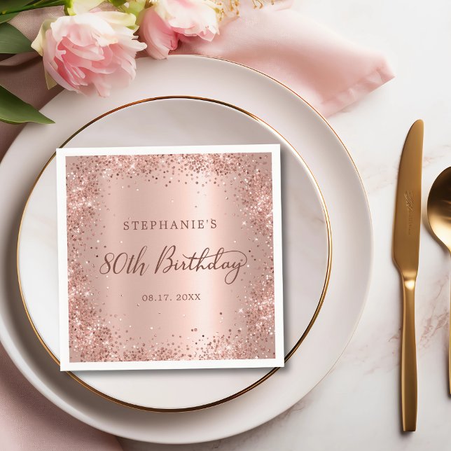 Rose Gold Foil Glitter 80th Birthday Monogram Napkins (Creator Uploaded)