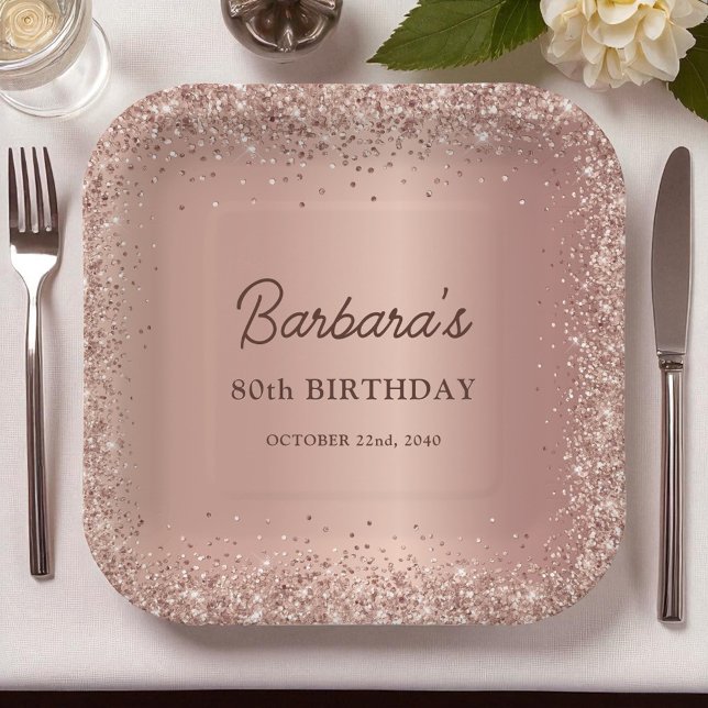 Rose Gold Foil Glitter 80th Birthday Name Paper Plates (Creator Uploaded)