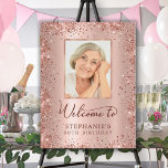 Rose Gold Foil Glitter 80th Birthday Photo Welcome Foam Board<br><div class="desc">Elegant Modern Sparkle rose gold glitter metallic and Personalized Photo 80th Birthday Welcome Foam Board. This Girly Adult feminine eighty / eightieth or any age Birhday party sign featuring a stylish handwritten calligraphy script, blush pink or rose gold faux brushed metallic foil background with loose glam glitter frame around. Ideal...</div>