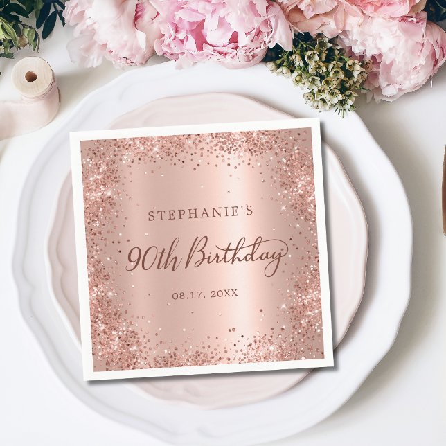 Rose Gold Foil Glitter 90th Birthday Monogram Napkins (Creator Uploaded)