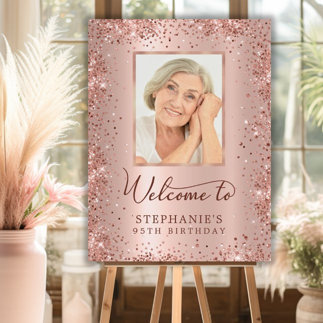 Rose Gold Foil Glitter 95th Birthday Photo Welcome Foam Board (Creator Uploaded)