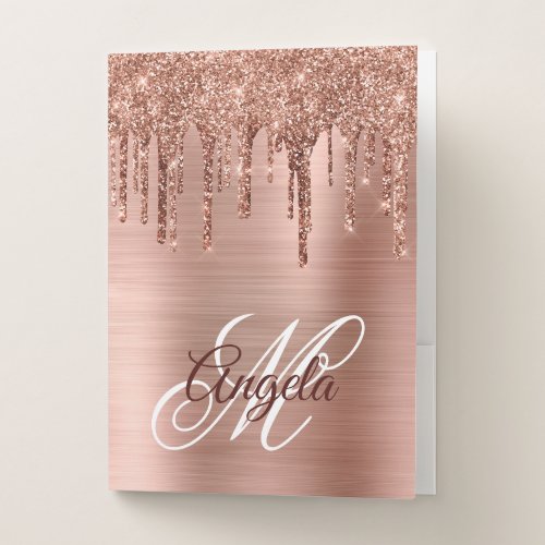 Rose Gold Foil Glitter Drip Fancy Monogram Pocket Folder
