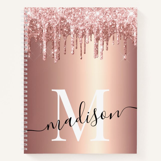Rose Gold Foil Glitter Drip Monogram Script Notebook (Front)