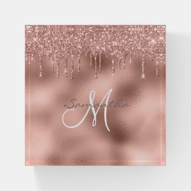 Rose Gold Foil Glitter Drips Monogram Gift Paperweight (Front)