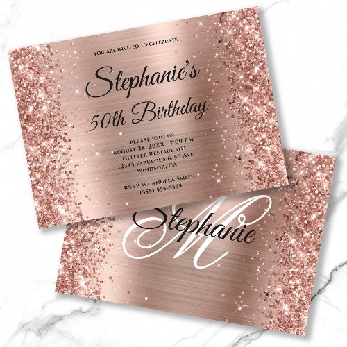 Rose Gold Foil Glitter Fancy Monogram Birthday Invitation