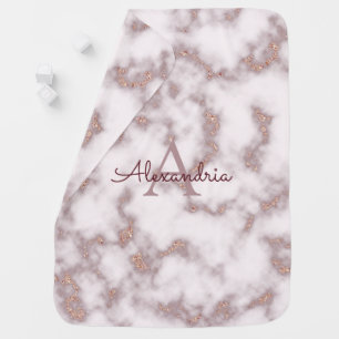 Rose Gold Foil Glitter in Pink Marble Monogram Baby Blanket