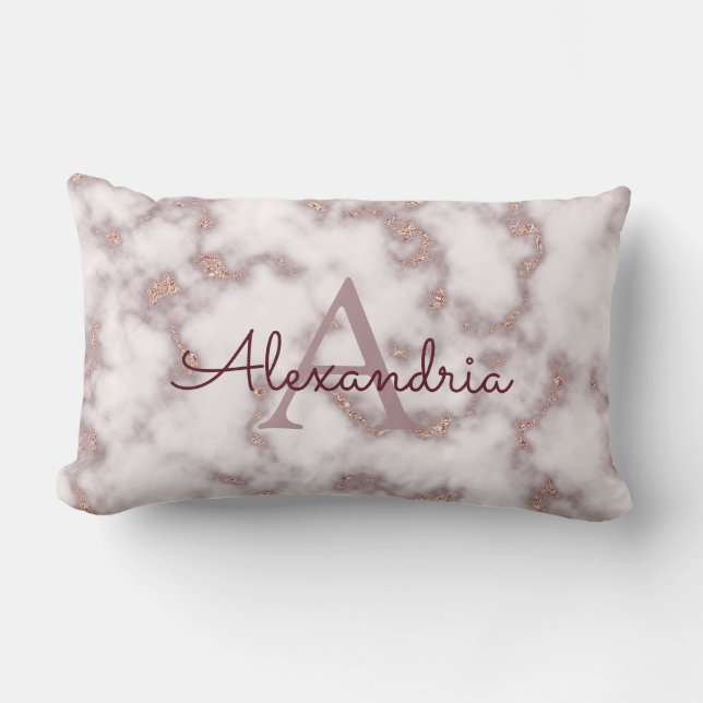 Rose Gold Foil Glitter in Pink Marble Monogram Lumbar Pillow (Front)