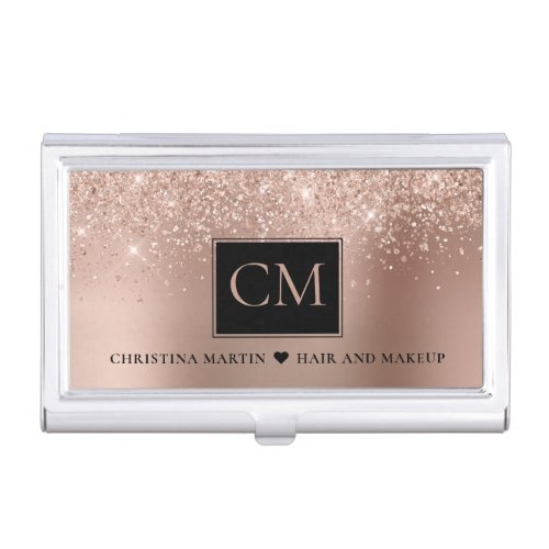 Rose Gold Foil Glitter Monogram Hair and Makeup Business Card Case