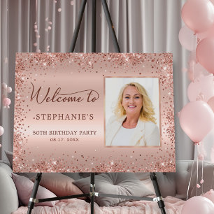 Rose Gold Foil Glitter Photo 50th Birthday Welcome Foam Board