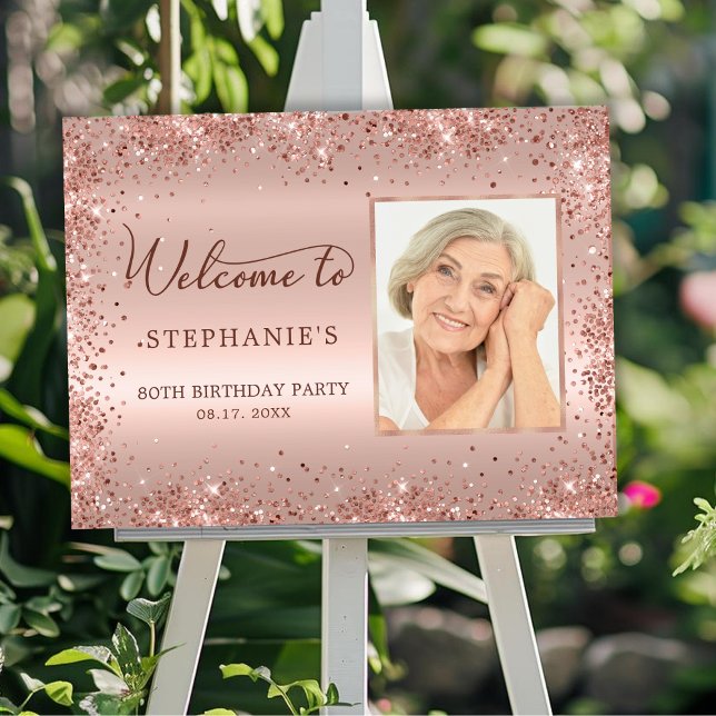 Rose Gold Foil Glitter Photo 80th Birthday Welcome Foam Board (Creator Uploaded)