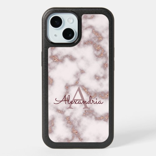 Rose Gold Foil Glitter Pink Marble Monogram Name iPhone 15 Case