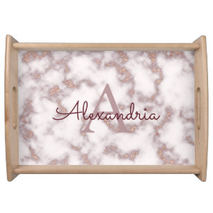 Rose Gold Foil Glitter Pink Marble Monogram Name Serving Tray