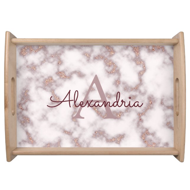 Rose Gold Foil Glitter Pink Marble Monogram Name Serving Tray (Front)