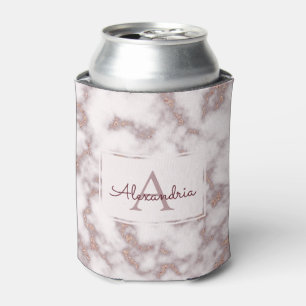 Rose Gold Foil Glitter Pink Marble Name Monogram Can Cooler