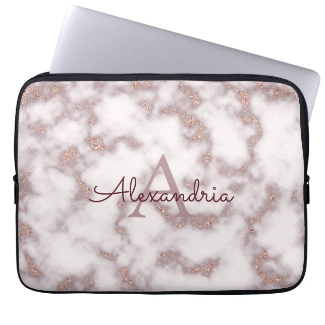Rose Gold Foil Glitter Pink Marble Name Monogram Laptop Sleeve (Front)
