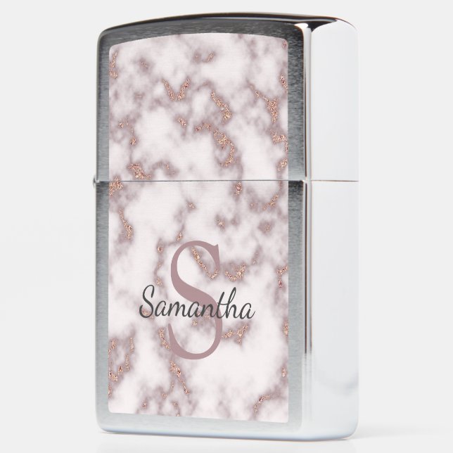 Rose Gold Foil Glitter Pink Marble Name Monogram Zippo Lighter (Left)