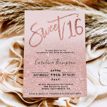 Rose gold foil glitter script blush Sweet 16 photo Invitation<br><div class="desc">A modern, chic and elegant rose gold glitter ombre sweet 16 birthday foil party invitation with a modern 16 typography with rose gold foil and sparkles glitter on an editable pastel blush pink background. Add your photo at the back or leave a pink background. Perfect for the princess theme Sweet...</div>