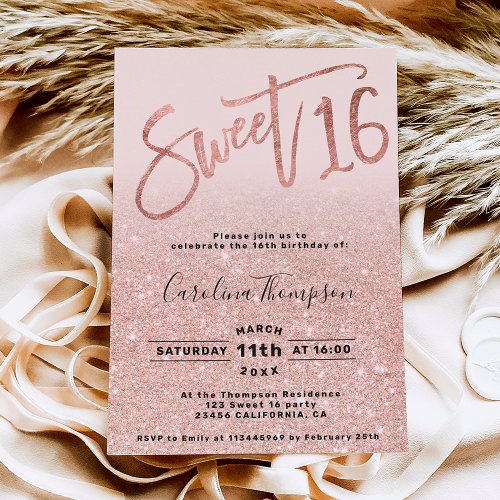 Rose gold foil glitter script blush Sweet 16 photo Invitation