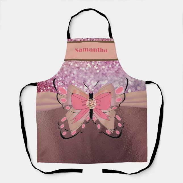 Rose Gold Foil Glittery Butterfly Bow Girly Name Apron (Front)