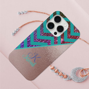 Rose Gold Foil Glittery Chevron TealTurquoise Name iPhone 15 Pro Case