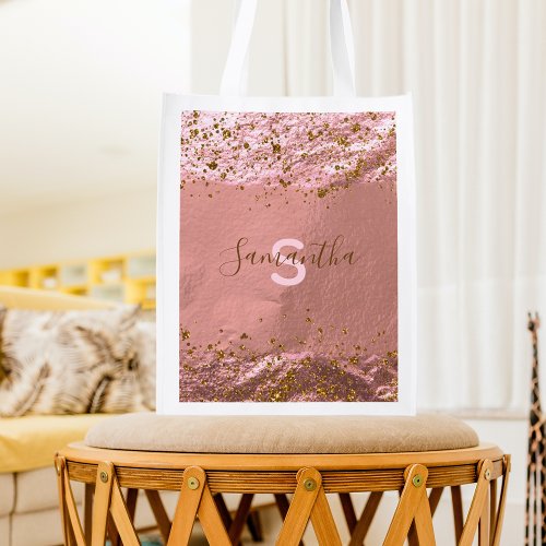 Rose Gold Foil Glittery Stylish Chic Custom Name Grocery Bag