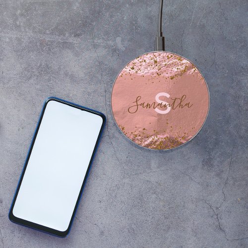 Rose Gold Foil Glittery Stylish Chic Custom Name Wireless Charger