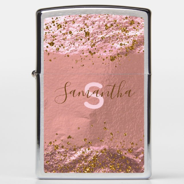 Rose Gold Foil Glittery Stylish Trendy Chic Custom Zippo Lighter (Front)