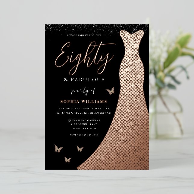 Rose Gold Foil Gown 80th Birthday Party Invitation (Standing Front)