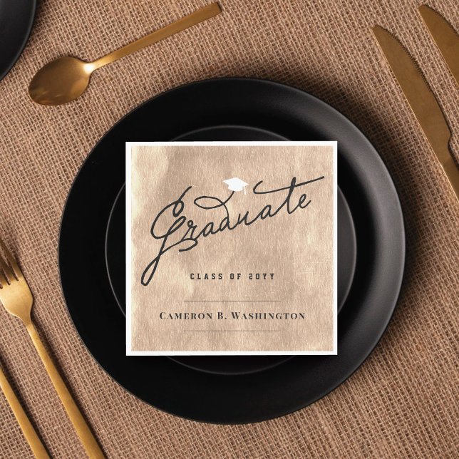 Rose Gold Foil Graduate Graduation Party Paper Napkins (Stylish Graduate Script Copper Foil Modern Graduation Party Paper Napkin @ zazzle.com/color_therapy)