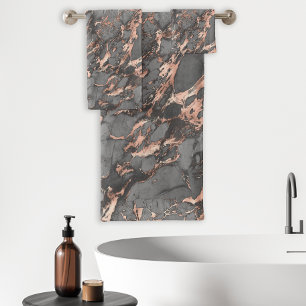 Rose Gold Foil Gray Marble Bath Towel Set